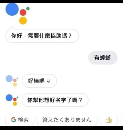 这是一张竖屏的谷歌助手聊天界面截图，用户向智能助手发送“有蟑螂”的求助信息，本意是希望得到处理蟑螂的建议，没想到谷歌助手完全误解了用户的意图，将蟑螂当成了用户新获得的宠物，先后回复“好棒喔 😌”和“你帮他想好名字了吗？”，这种错位的、不符合常理的回应制造出强烈的反差搞笑效果。界面底部还显示了谷歌检索按钮、日文“答えたくありません（不想回答）”选项和点赞按钮，进一步凸显出用户面对助手脱线回复时的无语感。