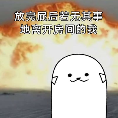 这是一张诙谐搞笑的表情包，画面下方是一个面带微笑、神态淡定自若的白色卡通海豹形象，它静止站立着，仿佛完全不在意身后的状况。海豹的身后是大面积的爆炸火光特效，视觉冲击力强烈。画面上方配有文字“放完屁后若无其事地离开房间的我”，用夸张的爆炸效果来比喻屁的“威力”，通过海豹淡定的神态与身后的“灾难现场”形成强烈反差，生动调侃了生活中放完屁后淡定逃离现场的有趣小场景，充满了诙谐幽默的氛围，精准戳中日常这类小趣事的笑点。