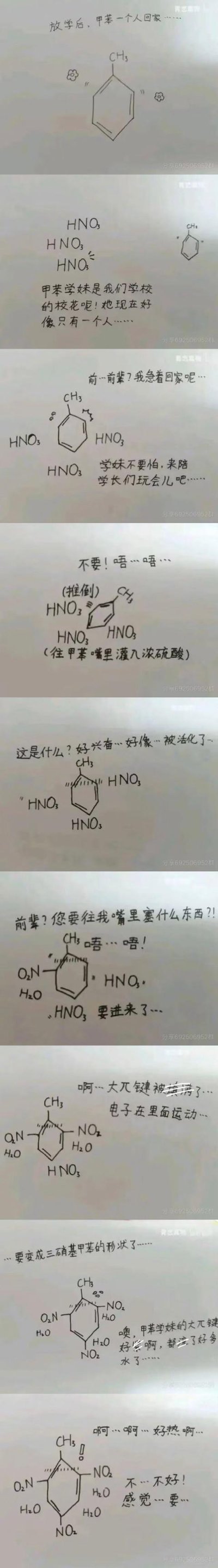 这是一组将有机化学反应拟人化的连环趣味梗图，把甲苯拟人成独自回家的女学妹，硝酸（HNO₃）拟人成纠缠她的学长，浓硫酸作为反应催化剂被拟人化为“灌入”的行为，完整还原了甲苯在浓硫酸催化下与硝酸发生三硝化反应生成三硝基甲苯（TNT）的化学过程。图中用带有性暗示的低俗剧情对应反应中的苯环活化、硝基取代等化学步骤，通过荒诞的拟人化剧情帮助化学爱好者记忆有机化学反应，是化学圈子里的趣味科普创作。