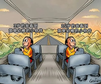 这是一幅卡通风格的插画，描绘了一个人在不同年龄阶段对相同事物的相似反应。画面中是公交车内部场景，两个相同的卡通人物分别坐在左右两侧座位上，都手持望远镜兴奋地看向窗外。左边人物上方文字为'3岁的我看到简单幼稚的小物件'，右边人物上方文字为'25岁的我看到简单幼稚的小物件'。背景是通过车窗看到的山脉和日落景色，暗示着时间的流逝。这幅图幽默地表达了无论年龄多大，人们内心依然保留着对简单事物的喜爱和好奇。