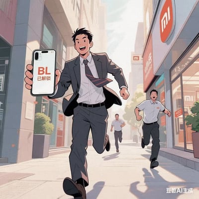 一名西装男子正拿着显示“BL已解锁”字样的手机奔跑，身后两位制服男子在小米门店外追赶他。画面气氛紧张又带点幽默，极具恶搞气质。图中对“BL解锁”的技术梗进行了夸张演绎，有一种“解锁要被抓”的玩笑意味，符合数码刷机圈的娱乐氛围。这个梗涉及到双关和技术圈内的自嘲。