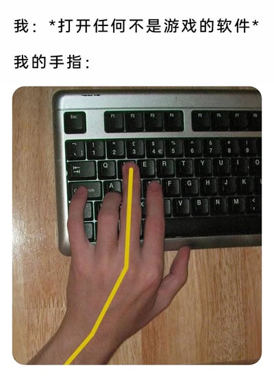 这是一张充满趣味的图文梗图，上方文字分为两部分，“我：*打开任何不是游戏的软件*”表达了主体想要打开工作、学习类软件完成正事的主观意愿；“我的手指：”引出下方的实拍图片，图片中一只手放在键盘上，中指被黄色线条重点标注，摆出的姿势是游戏玩家在操作游戏时的典型键盘按键姿势（常见于FPS类游戏的WASD+R等操作习惯）。这张图通过主观意愿和身体肌肉记忆的反差，生动调侃了许多游戏玩家明明要处理正事，却满脑子都是游戏、身体诚实地倾向于玩游戏的真实状态，充满自嘲感和共鸣感，很容易引发游戏玩家和职场摸鱼人群的共鸣。