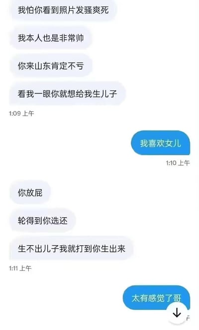 这是一段充满反差感的趣味聊天记录截图：一方发言极度自大且不尊重人，接连说出“我本人也是非常帅”“看我一眼你就想给我生儿子”“生不出儿子我就打到你生出来”这类离谱冒犯的话语，还提及山东；另一方则用“我喜欢女儿”“太有感觉了哥”的反向整活回复，用戏谑的态度回应离谱言论，形成强烈反差，制造出搞笑讽刺的效果。