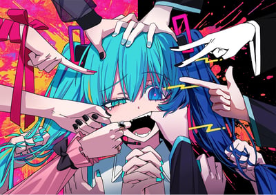An anime-style illustration featuring Hatsune Miku with bright blue hair and characteristic twin tails. The character has large, expressive blue eyes and an excited expression with an open mouth. Multiple hands in different styles and colors reach toward her from all directions, creating a dynamic composition. The background is vibrant with splashes of pink, yellow, and black, featuring abstract shapes and energetic brush strokes. The overall style is bold, colorful, and full of movement, typical of modern anime illustrations.