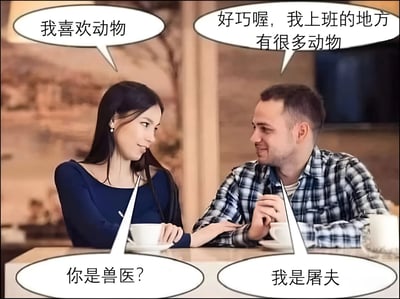 图片展示了一男一女在咖啡馆中对话的场景。女性首先说“我喜欢动物”，男性回应“好巧喔，我上班的地方有很多动物”，女性接着猜测“你是兽医？”，男性则出人意料地回答“我是屠夫”。通过对话中“动物”所指的不同（宠物/保护对象 vs 屠宰对象）制造预期反差，形成幽默效果，展现了因职业差异导致的有趣误会。