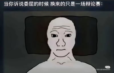 这张梗图用简笔画风描绘了一个平躺无力的人，配文“当你诉说委屈的时候 换来的只是一场辩论赛”，传达了倾诉内心委屈时，对方只会和你辩论，带来无力和失落感。适用于情感倾诉类的社交吐槽，非常有自嘲气氛。没有双关、谐音梗，但反映了社交沟通无果的普遍体验。