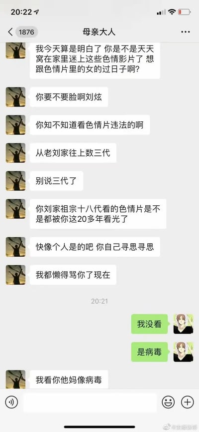 这张梗图截取自微信聊天，其中一位母亲（微信昵称母亲大人）愤怒地质问儿子刘炜是不是天天看成人视频，并用一系列夸张、批判性的措辞指责儿子看黄片会导致家族败坏、甚至像病毒一样。儿子则用极其朴素的话“两连”回应：“我没看”、“是病毒”，气氛既滑稽又无奈，体现了代际沟通与网络语境碰撞的荒诞感。

梗图使用了“病毒”一词作为形象讽刺，带有网络流行语色彩，整体风格偏搞笑、夸张，且凸显了家庭代沟和父母式归因偏差的典型场景。没有明显的谐音梗。
