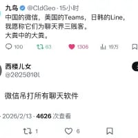 这是一张竖屏的微博评论区截图，包含两条网友评论。用户「九鸟」玩梗提议让中国的微信、美国的Teams、日本的Line这三款不同国家的主流聊天软件展开一场「聊天界三强者」的大赛；用户「西楼儿女」则直接表态「微信吊打所有聊天软件」，用夸张的语气表达对微信的认可，整体是网友针对不同地区主流聊天软件的趣味调侃，充满搞笑氛围。