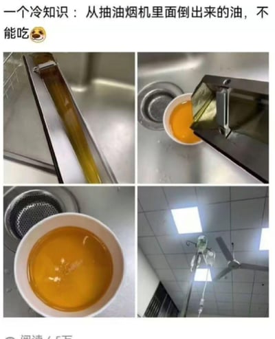 这是一张包含四宫格图片的生活常识提醒图，顶部配有文字“一个冷知识：从抽油烟机里面倒出来的油，不能吃”并带有一个惊讶表情的狗头 emoji。四张图片分别展示了：1) 抽油烟机部件中流出的黄色废油；2) 废油被倒入白色碗中的过程；3) 装满黄色废油的白色碗特写；4) 医院病房中的输液架，暗示误食这种油可能导致健康问题需要就医。整体通过实拍图片直观展示了抽油烟机废油的状态，警示人们不要食用。