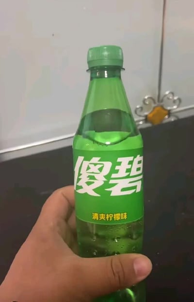 这是一张实拍的静态图片，画面中一只手正握着一瓶外观高度仿冒正版雪碧的绿色饮料，瓶身绿色标签上原本应该印“雪碧”的位置被替换为白色的大字“傻碧”，标签下方还配有黄色小字“清爽柠檬味”，整体包装配色、设计都和正版雪碧几乎一致，属于明显的恶搞类山寨商品，具有强烈的搞笑反差效果。