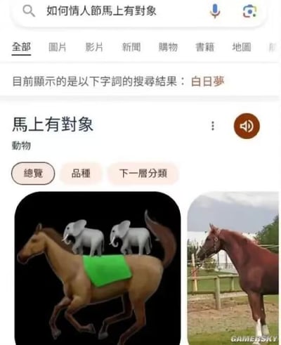 这是一张搜索引擎搜索结果截图，用户搜索“如何情人節馬上有對象”，系统显示结果关联“白日夢”。页面中部“馬上有對象”的动物分类下，左侧图片是一匹棕色马背上站着两头白色大象，利用谐音梗“马上（马背上）有对象（大象）”制造幽默，右侧为真实棕色马照片。整体通过“白日梦”暗示和双关图调侃单身人士情人节快速脱单的愿望不切实际，充满搞笑氛围。

谐音梗说明：“马上”既指“立刻”，又指“马背上”；“象”（大象）与“对象”（伴侣）同音，故“马上有对象”既指“马背上有大象”，又指“立刻有伴侣”。