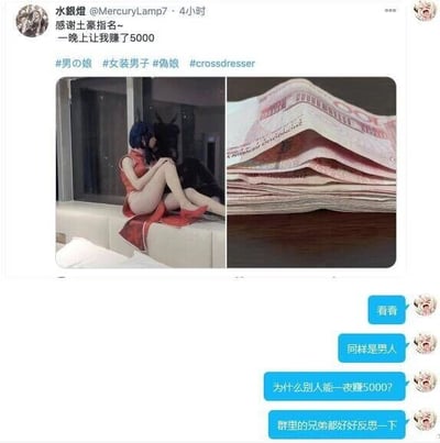 这张图是由社交平台动态截图与群聊记录截图拼接而成的图文内容。上半部分的社交平台动态中，用户“水銀燈@MercuryLamp7”发布动态称自己“一晚上赚了5000”并感谢土豪指名，附带#男の娘 #女装男子 #伪娘 #crossdresser的标签，同时搭配了两张图：左侧是一位穿着红色旗袍的女装男性坐在沙发上的照片，右侧是一叠厚厚的百元人民币现金。下半部分是群聊记录截图，有群内用户发出四条消息，依次表达了对该博主收入的关注、同为男性的感慨、对高收入的疑惑，以及调侃群内其他男性反思，整体氛围是带有羡慕的调侃，属于网络亚文化相关的内容传播。