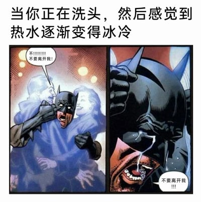 这是一张改编自DC漫画《蝙蝠侠》经典场景的搞笑梗图，顶部配文点明场景：“当你正在洗头，然后感觉到热水逐渐变得冰冷”。图中原是蝙蝠侠回忆父母遇害时的痛苦崩溃画面，被网友二次创作后，将蝙蝠侠苦苦挽留的对象隐喻为洗头时逐渐变凉的热水，通过蝙蝠侠嘶吼痛哭、面部扭曲的极致痛苦表现，夸张地放大了人们在日常中遇到洗头热水突然变凉时的无奈与崩溃，用超级英雄的沉重创伤来调侃生活里的小挫折，充满反差感与趣味性。