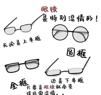 图片为手绘风格的图文混排内容，展示了四种不同款式的眼镜：左上角的上半框眼镜、右上角的圆框眼镜、左下角的全框眼镜和右下角的下半框眼镜。每种眼镜旁都有对应的中文标注，上方红色文字写着“眼镜是特别涩情的！”，下方文字补充“无论是上半框、圆框、全框，还是下半框，只要是眼镜就会变得非常涩情。”整体通过幽默调侃的方式，给各类眼镜赋予了“涩情”这一夸张特质，风格轻松诙谐。