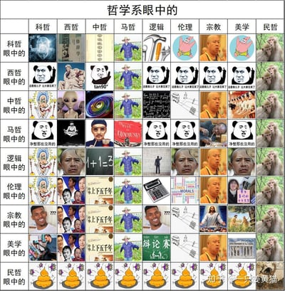 这是一张9x9的九宫格拼接图，标题为“哲学系眼中的”，通过网格形式幽默展现哲学各分支（科哲、西哲、中哲、马哲、逻辑、伦理、宗教、美学、民哲）之间的相互认知。每个单元格用不同的网络梗图、表情包或符号化图像来调侃特定分支对其他分支的刻板印象。例如西哲眼中的多个分支都用了“这事儿儿子让大家见笑了”的熊猫头表情包，马哲眼中的多个分支则用“净整些没用的”熊猫头，民哲一列普遍用猴子对视图，科哲有灯泡书籍意象，逻辑有“1+1=3”等符号。整体风格诙谐，充满对学术领域内部认知差异的戏谑表达。