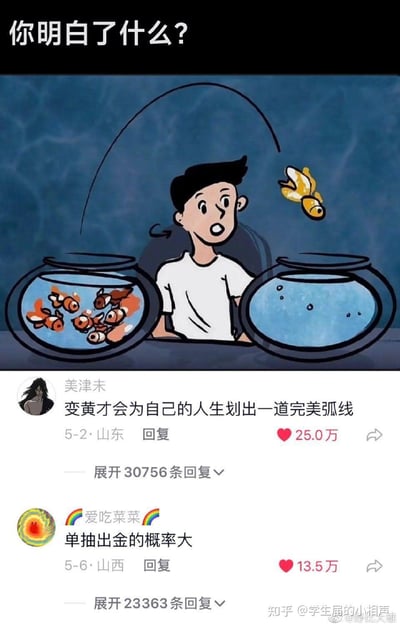 这张图分为上下两部分：上半部分是原创卡通插画，画面里一个男生坐在两个鱼缸前，左侧鱼缸挤满了普通花色的金鱼，右侧鱼缸是空的，一条黄色金鱼正从左侧鱼缸跳出，划出一道弧线向右侧鱼缸移动，男生露出惊讶的表情，上方配文“你明白了什么？”；下半部分是两条高赞社交媒体评论，第一条评论“美津未”写道“变黄才会为自己的人生划出一道完美弧线”，玩了“变黄”的双关，既指金鱼的颜色，也暗指“变得富有（黄金的黄）”；第二条评论“爱吃菜菜”写道“单抽出金的概率大”，是玩抽卡游戏的梗，将单条金鱼跳出类比为抽卡时单抽出金色稀有物品。两条评论都赋予了插画有趣的解读，引发网友共鸣。