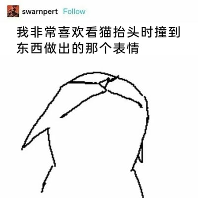 这是一张经过中文化处理的海外社交平台发布内容截图，发布者为用户swarnpert，配文表述了自己喜爱观看猫咪抬头撞到东西时的表情，下方搭配了一幅极简风格的手绘线稿：用寥寥数笔勾勒出猫咪的头部轮廓，将猫咪的眼睛画成叉号，精准且生动地还原了猫咪抬头撞到物体后瞬间懵然、呆滞的搞笑状态，极简的画风反而放大了猫咪蠢萌的特质，整体内容充满轻松趣味，容易引发宠物爱好者对猫咪这类可爱瞬间的共鸣。