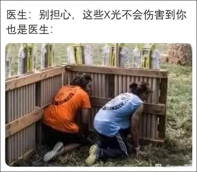这是一张采用顶配底文形式的图文混排搞笑梗图，上方文字区呈现出强烈的反差感：第一行是医生安抚的话语“别担心，这些X光不会伤害到你”，第二行以“也是医生：”引出下方的实拍画面。画面中是户外草地上的一个简易木质围栏，围栏的顶部边缘插满了大量类似X光片的物品，两名穿着休闲上衣的人蹲在围栏内部，身体前倾，仿佛被这些X光片全方位包围。该梗图通过文字与画面的反差制造幽默效果，夸张地调侃了医生口中“X光无害”与实际让患者处于大量X光环绕场景的矛盾，用戏谑的方式放大了人们对X光辐射的潜在顾虑，引发网友的共鸣与笑点。