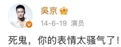 这是一张经过网友P图改编的吴京微博界面截图，截图中保留了吴京的真实头像、微博名称、认证信息（演员，14-6-19），但将原本的微博内容替换为“死鬼，你的表情太骚气了！”。吴京本人的硬汉形象与软萌又带点调侃的文案形成强烈反差，制造出荒诞搞笑的效果，属于典型的反差玩梗图。