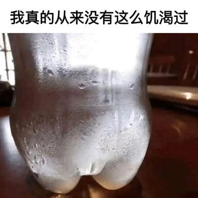 图片上方有文字'我真的从来没有这么饥渴过'，下方是一个布满水珠的冰镇饮料瓶特写。通过文字表达的极度口渴与冰镇饮料的视觉呈现形成幽默对比，暗示对冷饮的强烈渴望。