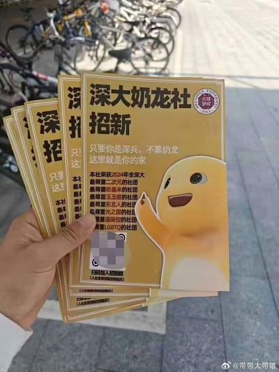 这是一张深圳大学奶龙社的招新传单，以暖黄色为底色，印有卡通角色奶龙的开心形象。传单设置了极低的招新门槛：「只要你是深兵，不黑奶龙，这里就是你的家」，还玩梗式列出社团获得的多个「最尊重XX的社团」称号，覆盖二次元、哈基米、玉玉症、东北人、光之国、福瑞控、LGBTQ等多种圈层与群体，风格幽默接地气，同时标注入社可免费领取限定钥匙扣，以此吸引不同喜好的深圳大学学生加入社团。