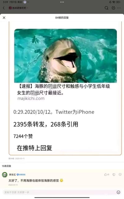 这是一张百度贴吧“核战避难所吧”的帖子截图，内容为2020年10月12日发布在Twitter的一条低俗推文，推文配了一张张嘴的海豚图，配文是将海豚的身体部位与低年级小学女生进行违法且违背公序良俗的不当关联，下方还有吧友“李东扛”的低俗回复，整体内容涉及恋童相关的低俗违法信息，严重违反内容规范。