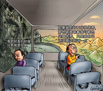 这是一幅手绘卡通漫画，场景设定在行驶中的巴士内部：巴士左侧窗外是单调的岩壁，右侧窗外是开阔的山水风景。巴士内有两位状态截然不同的乘客，左侧乘客眉头紧皱、神情沮丧，配文“我的好友们好强，只有我是垃圾”，呈现出在好友优秀的对比下自我否定的消极心态；右侧乘客面带笑容、手持望远镜看向窗外，配文“如果我的好友们很优秀，那也就意味着我可能也足够优秀，只是我自己还没意识到这一点”，展现出从好友的优秀中反向获得自我肯定的积极心态。两种心态形成强烈反差，直观凸显出人们面对相同社交情境时的自我认知差异。