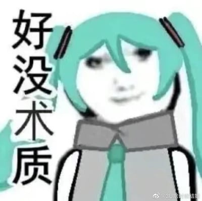 这是一张二次创作的搞笑梗图，将虚拟歌手初音未来的标志性双马尾发型、服饰，与网络上的搞怪人类表情脸拼接在一起，画面左侧配有竖排文字‘好没术质’。
图中‘好没术质’是‘好没素质’的谐音，结合初音未来所属的VOCALOID（俗称‘术力口’）文化，用‘术’字替换‘素’字玩文字梗，以魔性滑稽的反差画风，用来吐槽他人没素质的行为，自带嘲讽感。