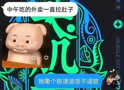 这是一张带有装饰性背景的社交聊天记录截图，背景包含绿色“兀”字、“MUSCLE CAT G”字样以及抽象花纹图案。画面上方的对话气泡中，一位用户吐槽自己中午吃外卖后一直拉肚子，并配了一个表情微妙、略带无奈的卡通小猪表情包；下方的回复则用网购语境中的“极速退货不退款”来调侃拉肚子的状态，将身体排出未消化食物的行为类比为“退货”，用生活化的网购梗制造幽默效果。画面右下角有用户的真人头像，右上角和右侧分别有“中天”和“MUSCLE CAT G”的水印文字。