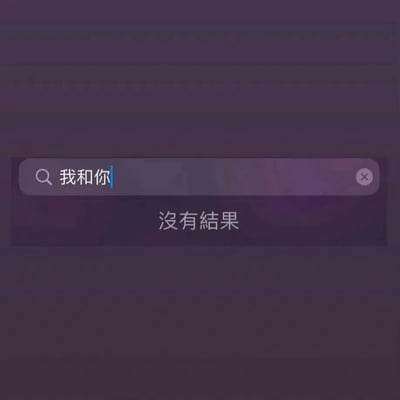 这是一张模拟搜索界面的梗图，整体采用紫色渐变背景。中央有一个搜索框，里面输入了'我和你'三个字，搜索框右侧有一个关闭按钮。搜索框下方显示搜索结果为'没有结果'。图片通过搜索'我和你'却得到'没有结果'的反差，表达了感情中两人关系没有未来或结局的无奈与伤感。