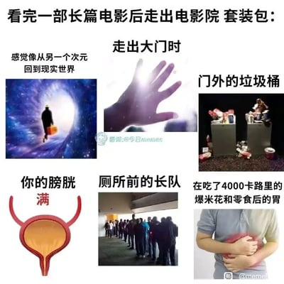 这张图是一个趣味状态合集，以“看完一部长篇电影后走出电影院”为主题，用六组图文分别还原了观影后的真实体验：走出大门时仿佛从另一个次元回归现实的恍惚感；门外被零食包装堆满的垃圾桶；被完全撑满的膀胱；厕所前排起的长长队伍；以及因摄入大量高卡路里爆米花和零食后感到胀痛不适的胃部，精准捕捉了长时间观影后人们会遇到的一系列狼狈又极具共鸣的状况，用幽默的方式展现日常观影的真实细节。