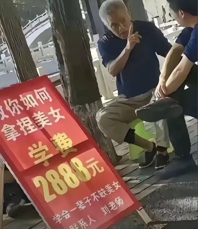 户外街头的树下，一位自称刘老师的白发老人坐在小凳上，正对着一名男子讲解，旁边立着醒目的红色广告牌，上面写着“教你如何拿捏美女，学费2888元，学会一辈子不缺美女，联系人刘老师”。整个场景充满荒诞搞笑的氛围，以夸张的“情感技巧教学”为噱头，吸引路人注意。