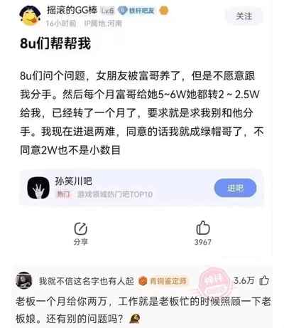 这是一张百度贴吧孙笑川吧的社交媒体截图，用户“摇滚的GG棒”发帖向吧友求助，讲述自己遭遇的荒诞情感困境：女友被富哥包养，每月从富哥给予的5-6万元中转2-2.5万元给自己，以此恳求自己不要分手，楼主既不愿接受被绿的现实，又难以割舍每月2万的金钱，陷入进退两难的境地。下方一条获3.6万赞的评论以戏谑的职场化视角回应，将楼主的处境调侃为“月薪两万的工作，内容是在老板忙时照顾老板娘”，用幽默的方式消解了尴尬的困境，成为神评。