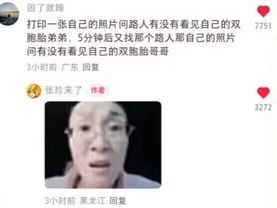 这是一张推测来自抖音平台的社交媒体评论区截图，用户“困了就睡”在评论区分享了一个戏耍路人的整蛊点子：先打印一张自己的照片，询问路人是否见过自己的双胞胎弟弟，间隔5分钟后，再拿着同一张照片询问该路人是否见过自己的双胞胎哥哥，通过这种方式让路人产生困惑，达到整蛊效果。评论发布后，作者“张珍来了”用一张真人满脸惊讶的表情图进行回复，直观地表达出对这个损招的震惊与意外，整体内容充满搞笑趣味，是典型的社交媒体用户互动内容。