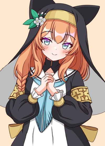 这是一幅AI生成的二次元风格插画，画面中的橙发少女有着浅蓝紫渐变的眼眸，头戴带有猫耳造型的修女头巾，头发一侧编成麻花辫，身着融合了水手服元素的修女风格服饰，双手合十放在胸前，面带羞涩的微笑，整体氛围温柔又可爱，无谐音梗或双关内容。