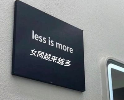 图片中展示了一块黑色的标牌，上面用白色字体写着英文短语'less is more'，下方配有中文文字'女同越来越多'。这是一个利用谐音和翻译进行的文字游戏，英文原意是'少即是多'的设计理念，而中文翻译却被幽默地替换为具有完全不同含义的句子，形成一种反差萌的搞笑效果。