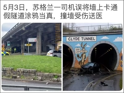 该图为左右拼接的新闻资讯类图片，顶部配有事件说明文字。左侧是事故现场实拍画面：高架下方有交警、消防等工作人员在现场处置，可见涉事车辆、交通指示牌，路边的石墩有损坏痕迹。右侧是涉事涂鸦墙的事故现场：墙面绘制了模仿经典动画桥段的卡通假隧道，标注有“CLYDE TUNNEL”字样，旁边绘有乐一通动画中的角色歪心狼举着写有“GOOD LUCK!”的标牌，一辆黑色轿车撞在假隧道对应的墙面位置，车头严重损毁，路面散落着大量车辆碎片。