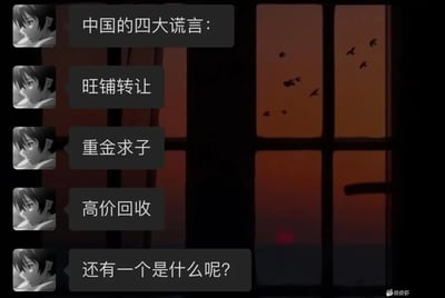 这张梗图通过聊天窗口的形式，列举了网络上流传的“中国的四大谎言”中的三个：旺铺转让、重金求子、高价回收，最后一句用自问的方式丢给观众，产生幽默和共鸣。画面背景是夕阳下的窗户与飞鸟，烘托出一种“看破一切”的无奈和淡然。这种表述方式利用了现代网络聊天截图的表格式幽默。

- 这里用‘谎言’指的是广告或信息中常见的虚假诱骗内容，具有反讽和调侃意味。
- 暗示：现实生活中类似广告多为虚假信息，大家都心知肚明。
