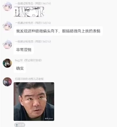 这是一张社交平台的聊天记录截图，共包含5条发言：首先网名为“一般通过枪性恋”的用户先发出一张动漫女性角色的线稿表情，该角色符合偏头向下、眼睛向上挑的特征，随后该用户发言称自己发现这类表情非常有涩情的感觉，另一位用户“bug10（禁止临时会话）”回复“确实”表示认可，最后网名为“和蔼可乐的冰棍儿店老板”的用户发出一张真人男性的实拍表情图，图中的男性恰好也做出了头微微低下、眼睛向上抬看的同款神态，和前面讨论的动漫表情特征高度吻合，形成了二次元设定落地到三次元的反差搞笑效果。