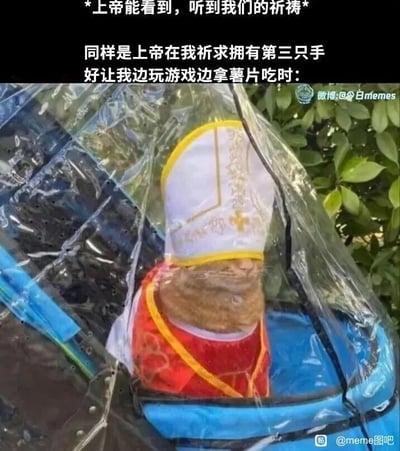 这是一张趣味meme梗图，通过文字和配图的结合制造笑点。顶部文字先铺垫“上帝能看到，听到我们的祈祷”，随后转折引出一个非常无厘头的日常请求：“同样是上帝在我祈求拥有第三只手好让我边玩游戏边拿薯片吃时”，下方配图是一只被P上主教帽和主教服饰的猫咪，它待在带透明罩的容器里，表情无奈又嫌弃，以此拟人化上帝听到这种奇葩、脑洞式请求时的反应，精准戳中人们日常里那些有点贪心又好笑的小愿望，用幽默的方式引发共鸣。