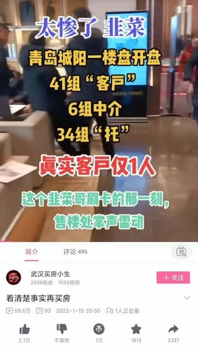 这是一段抖音平台的房产类视频截图，内容揭露了青岛城阳某楼盘开盘的虚假热销套路：到场的41组“客户”里，仅1位是真实购房客户，其余为6组中介和34组“托”。这位被调侃为“韭菜哥”的客户刷卡购房时，售楼处掌声雷动，图中用醒目的文字标注了事件细节，以此讽刺房产销售营造虚假氛围的行为，同时提醒购房者要看清事实再买房。