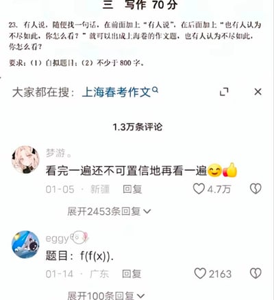 图片展示了上海春考作文题的截图，题目内容极具递归性：'有人说，随便找一句话，在前面加上“有人说”，在后面加上“也有人认为不尽如此，你怎么看？”就可以出成上海卷的作文题，也有人认为不尽如此，你怎么看？' 要求自拟题目且不少于800字。下方是社交媒体评论区，用户“梦游。”表示“看完一遍还不可置信地再看一遍😂👍”，获4.7万赞；用户“eggy🥚”则玩梗评论“题目：f(f(x))”，用数学复合函数调侃题目本身的套娃结构。整体呈现出考生对这类“元问题”作文题的幽默吐槽。