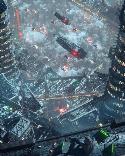 这是一幅赛博朋克风格的未来都市夜景图。画面中展示了一个高度发达的未来城市，无数摩天大楼拔地而起，直插云霄，建筑表面布满了闪烁的霓虹灯和全息投影广告。空中有多个飞行汽车和飞行器穿梭往来，城市中灯光璀璨，烟雾缭绕，营造出一种繁华而又略带压抑的氛围。在画面下方边缘，可以看到一个人影坐在高楼的边缘，俯瞰着整个城市，给人一种孤独而又渺小的感觉。整个画面充满了科技感和未来感，色彩以蓝、紫、红为主色调，展现了典型的赛博朋克美学风格。