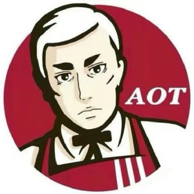 这张图片是一幅KFC肯德基LOGO的二创恶搞版，将原本的“KFC”字母替换成了“AOT”，外观配色和风格都高度仿照肯德基标志性形象。字母“AOT”可能指“进击的巨人”（Attack on Titan），常见于网友对娱乐圈、动漫圈热门IP进行的创意二次联动玩梗，整体氛围轻松幽默，具有浓厚的玩梗属性。