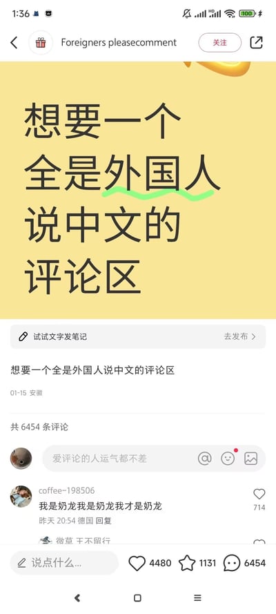 这是一条生活分享类社交平台的互动帖子，博主账号为“Foreigners pleasecomment”，发起话题“想要一个全是外国人说中文的评论区”，吸引外国用户用中文留言。评论区中已有来自德国的用户用中文留言“我是奶龙我是奶龙我才是奶龙”，该评论获得714个点赞。帖子整体互动数据亮眼，拥有4480个点赞、1131个收藏、6454条评论，营造出有趣的中外网友互动氛围。