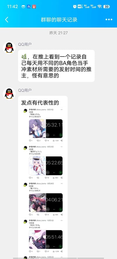 这是一张QQ群聊的聊天记录截图，群内用户分享了推特上一位推主的趣味（低俗）内容：该推主每天记录自己用《蔚蓝档案》（BA）不同角色作为手冲素材的发射时间，并发布带角色图和计时的推文，用户挑选了4条有代表性的内容分享到群中。
注：这里的「发射时间」是低俗的性暗示，指代自慰的时长。