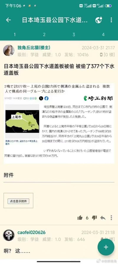 社交媒体截图显示，用户“独角丘比猫”于2024年3月31日21:17发布帖子，标题为“日本埼玉县公园下水道盖板被偷 被偷了377个下水道盖板”。帖子内容引用日本琦玉新闻的报道，称琦玉县上尾市两个公园在两晚内被盗走377个金属下水道盖板，价值约231万日元，警方怀疑是同一团伙所为。截图中包含新闻原文、事件地图及用户评论“啊？这.....”，整体呈现一起离奇的公共设施盗窃事件。