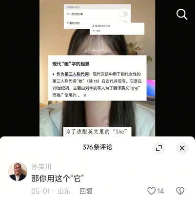 整张图是社交平台内容截图，上半部分露出一位长发女性的半张面部，上方有朋友圈权限设置弹窗的片段，中间是科普现代“她”字起源的文字内容，说明现代汉语中指代女性的第三人称“她”是20世纪初刘半农等人为翻译英文“she”推广而来；下方是评论区，显示共有376条评论，网络红人孙笑川留下评论“那你用这个‘它’”，故意使用指代事物的“它”玩梗，带有明显的阴阳怪气的讽刺意味，该评论发布于5月1日，IP属地山东，获得14个点赞。