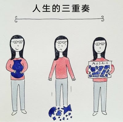 这是一幅手绘卡通连环图，以“人生的三重奏”为主题，展示了人生的三个阶段：第一个阶段，戴眼镜的卡通女孩面带微笑，双手捧着一个完整的蓝色花瓶，呈现出拥有珍视之物的满足状态；第二个阶段，女孩神情失落，双手垂在身侧，脚边是摔碎的蓝色花瓶，传递出遭遇失去或挫折的低落情绪；第三个阶段，女孩重新展露笑容，将摔碎的花瓶碎片拼成了一幅写有“MOSAIC（马赛克/镶嵌艺术）”的镶嵌画，寓意着在经历挫折后，将破碎的经历重新整合，转化为新的价值与成果，传递出接纳挫折、在困境中重构人生的积极态度，用具象的画面诠释了从拥有、失去到重生的人生成长过程。