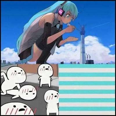 图上方是一位动漫风格、带着耳机的巨型女生（初音未来）正在舔类似东京晴空塔的高塔，利用错位表现她巨大身形，画面充满二次元与科幻感。下方则拼接有经典的表情包小人形象，表情害羞甚至脸红，暗示他们因“舔塔”的动作而感到害羞或震惊。画面带有趣味性和轻微暗示成分（舔塔动作有部网友解读为有轻微暗示梗），整体拼贴感很强。